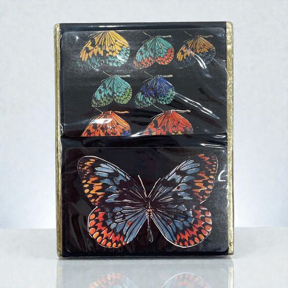 70s Vintage Playing Cards Black Gold Butterfly Print Double Deck Sealed NIB - Picture 1 of 7